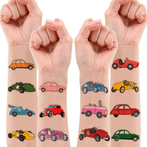 8 Sheets (96PCS) Vintage Race Car Tattoos Themed Birthday Party Decorations Supplies Favors Tattoo Stickers for Kids Boys Girls Gifts Classroom School Prizes Rewards