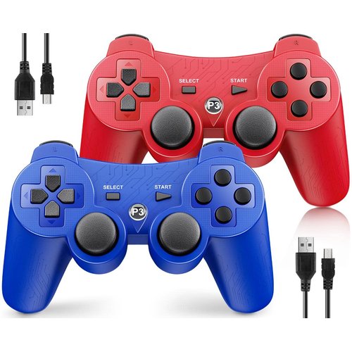 OKHAHA Controller 2 Pack for PS3 Wireless Controller for Sony Playstation 3, Double Shock 3, Bluetooth, Rechargeable, Motion Sensor, Remote for PS3 (With Stripes(Blue + Red))