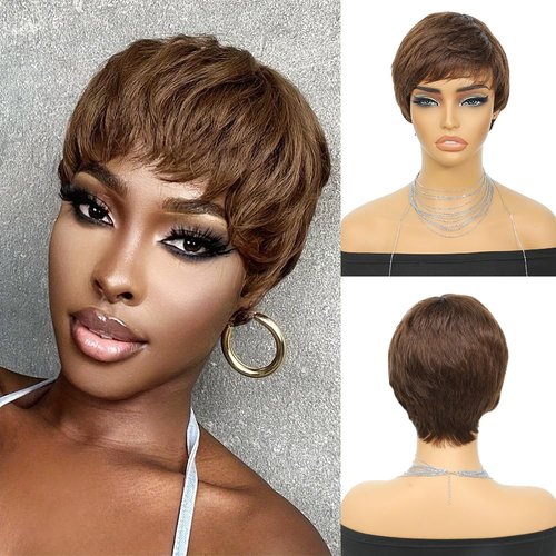 YKHJH Short Pixie Cut Wigs Human Hair Chocolate Brown Short Human Hair Wigs For Black Women Short Straight Human Hair Wigs With Bangs Full Machine Made Wigs Glueless Wigs Human Hair (4#)