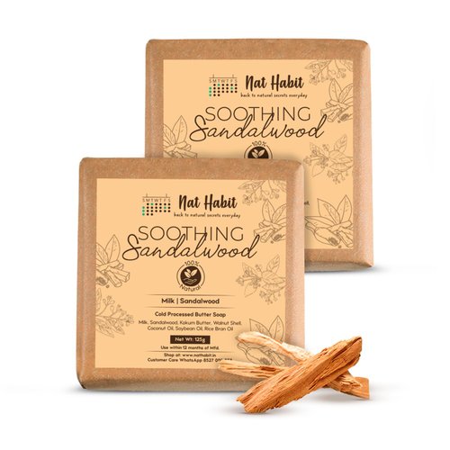 Nat Habit Natural Handmade Cold Pressed Sandalwood Butter Bath Soap made with Sandalwood, Kokum Butter and Coconut Oil, for Natural Exfoliation and Non-Drying Cleansing (Pack of 2 X 4.4 Oz)