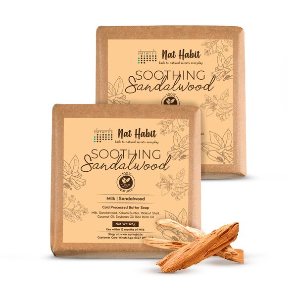 Nat Habit Natural Handmade Cold Pressed Sandalwood Butter Bath Soap made with Sandalwood, Kokum Butter and Coconut Oil, for Natural Exfoliation and Non-Drying Cleansing (Pack of 2 X 4.4 Oz)
