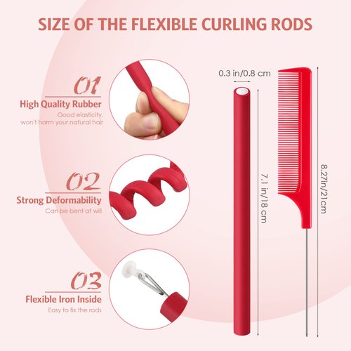 30 Pieces Flexible Curling Rods Twist Foam Hair Rollers Soft Foam No Heat Hair Rods Rollers and 1 Steel Pintail Comb Rat Tail Comb for Women Girls Long and Short Hair (,)
