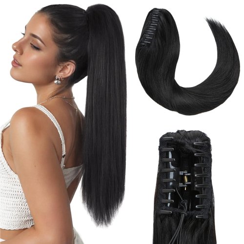 Hairro Claw Clip In Ponytails 100% Real Human Hair Ponytail Hair Extensions Jaw On Ponytail Extensions Jaw/Claw Clips Pony Tail Hairpieces For Women 16 Inch 105g #4P27 Medium Brown Mix Dark Blonde