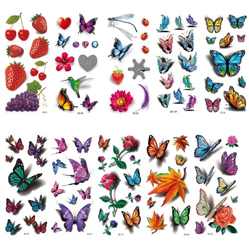 10 Sheets 3D Butterfly Tattoos Temporary for Women Girls Fake Tattoo Stickers for Arm Shoulder Leg
