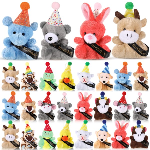 Seenelling Birthday Mini Animal Plush Toy with Birthday Hats, Birthday Party Decor Birthday Stuffed Animal Bulk for Student Classroom Reward Gifts Goodie Bag Stuffers(24 Pcs,Plush Animal)