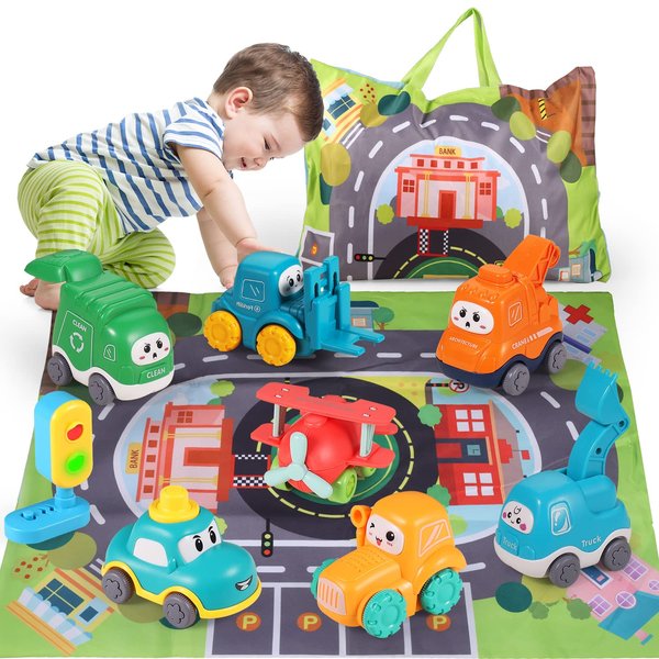 ALASOU 8 Sets Baby Truck Car Toys with Playmat/Storage Bag|Baby Toys for 1 2 3 Year Old Boy|1 2 Year Old Boy Birthday Gift for Infant Toddlers|First Birthday Gifts for Toddler Toys Age 1-2