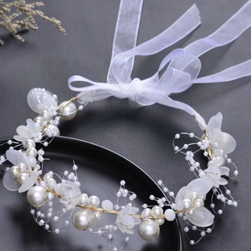 Generic Flower Crown Headband for Kids, Pearl Flowers, Wedding Party Accessory, Birthday Gift, Medium, White