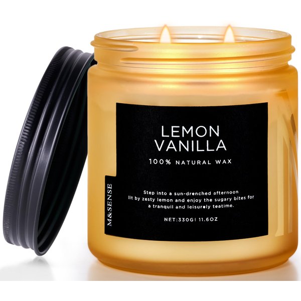 M&SENSE Candles Lemon Vanilla Scented, 11.6oz 70 Hour Long Lasting Candles for Home, 2 Wick Natural Soy Candles in Glass Jar, Stress Relief Candle Gifts for Women and Men