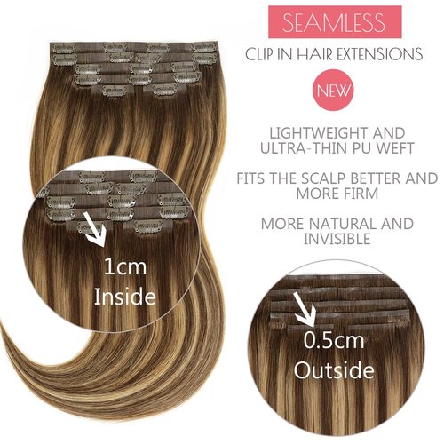 Loxxy Seamless Extensions Clip in Human Hair 20inch 110G 7Pcs Chocolate Brown to Caramel Blonde With Brown Roots Thick Blonde Natural Remy Real Hair Extensions Clip in Human Hair Invisible Tape Weft