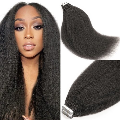 Lacer Tape in Hair Extensions Human Hair Soft Skin Weft Lasting Real Human Hair for Black Women Seamless Kinky Straight Tape in Extensions Human Hair Natural Black 20Pcs 50G 20Inch