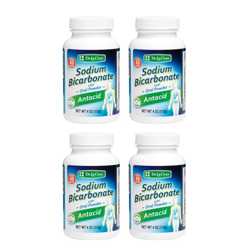 De La Cruz Pure Sodium Bicarbonate - USP Grade Bicarbonate of Soda – 100% Pure Baking Soda – Aluminum Free Antacid Powder for Heartburn & Indigestion - Packed in USA, 4 OZ. (4 Bottles)