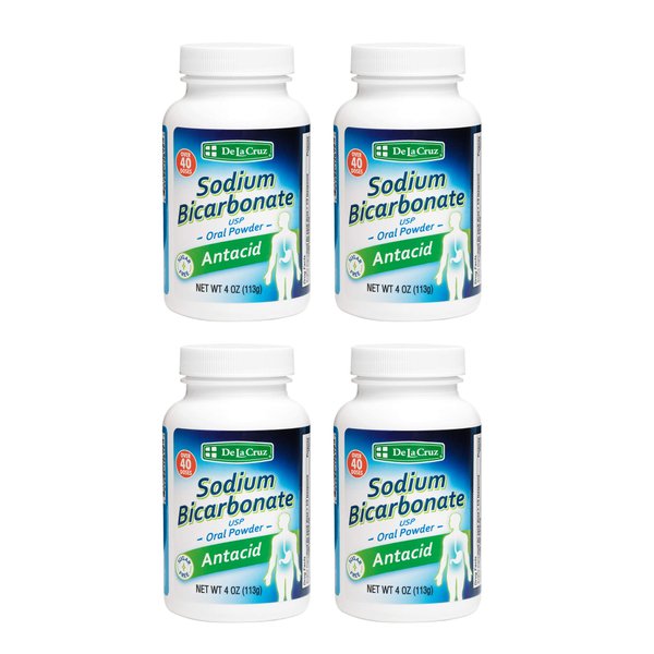 De La Cruz Pure Sodium Bicarbonate - USP Grade Bicarbonate of Soda – 100% Pure Baking Soda – Aluminum Free Antacid Powder for Heartburn & Indigestion - Packed in USA, 4 OZ. (4 Bottles)