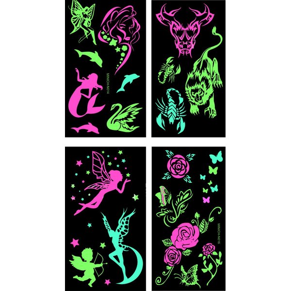 Premium Glow in the Dark Tattoos Glowing Temporary Tattoo Shimmer Gold Temporary Fake Jewelry Fluorescent Tattoos 4 Sheets