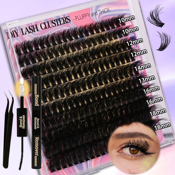 Gmagictobo Lash Extension Kit DIY 200pcs D Curl Lash Clusters Eyelash Extension Kit, 10-18mm 60D Individual Lashes Kit with Lash Bond and Remover, Lash Tweezers for Self Use