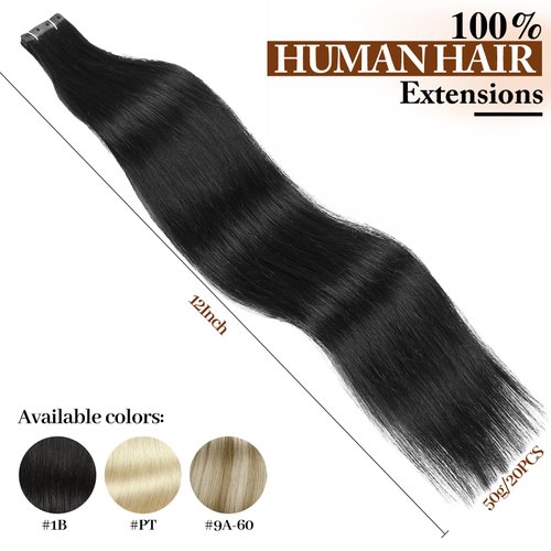 HANNE 12 Inch PU Tape in Hair Extensions Real Human Hair via Hair Beads Invisible Real Hair Extensions Reusable PU Skin Remy Hair Extensions 20 PCs Black No Tape in Extensions Real Human Hair（1B）