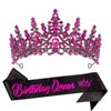 VELSCRUN Birthday Queen Tiara Crowns for Women Girls Rose Pink Crystal Birthday Queen Headband Sash Elegant Princess Crown Happy Birthday Party Decorations Mom Sisters Birthday Gift Hair Accessories