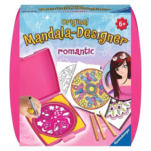 Ravensburger Mini Mandala-Designer® Romantic, Includes: 1 frame, 1 mandala stencil, 20 sheets of paper (5" square), 1 felt tip pen, 1 pencil, 3 colored pencils