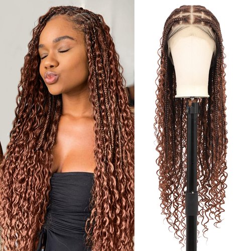 Fecihor 360° HD Full Lace Boho Knotless Braided Wigs for Women Box Braid Wig with Baby Hair Human Hair Blended Natural Looking Brown Braided Lace Front Wigs 36 Inch