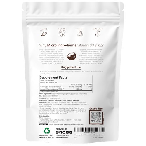 Micro Ingredients Vitamin D3 10,000 IU + K2 MK-7 200 mcg, 600 Softgels with Virgin Coconut Oil (2 Pack) | 2-in-1 Vitamins D & K Complex | Extra Strength, Easy to Swallow, Non-GMO, Gluten Free