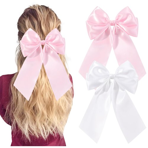 YLEN YHXX 2PCS Bow Clips for Women Big Satin Hair Bows for Girls Long Bow Hair Clips Ponytail Holder Silk Handmade Hair Accessories for Women Girls Teens (White&Pink)