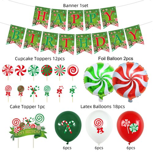 Christmas Birthday Party Decorations Christmas Candy Theme Birthday Banner Candy Cupcake Toppers and Balloons for Christmas Birthday Party Baby Shower Decorations