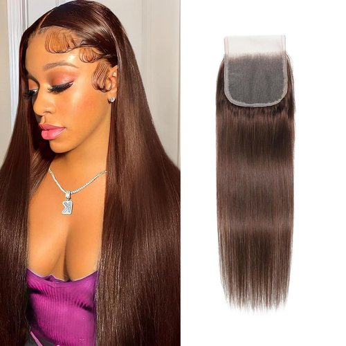 Chocolate Brown 4# Closure 4x4 Free Part Straight Wave Closure Brazilian Human Hair Extensions Preplucked Bleached Knots Sew In Weave Closure For Women Wet And Wavy 12 Inch
