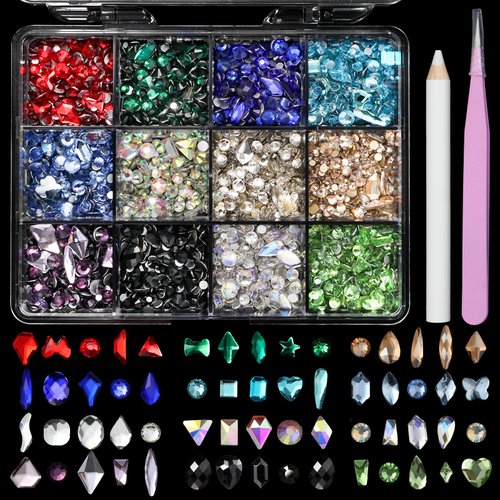 3D Colorful Rhinestones for Nails, Multi Shape Sizes Flatback Nail Art Rhinestones, Mix AB Red Blue Green Champagne Gold Black Yellow Nail Beads Glass Gems for Nails DIY Crafts Jewelry