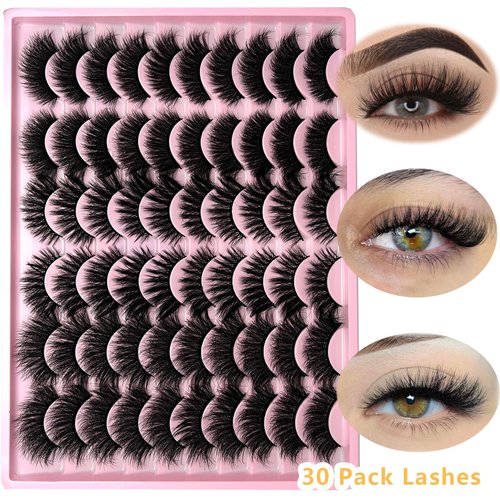loladook False Lashes Pack 30 Pairs Mink Full Strip Lashes Wispy Fluffy Long Cat Eye Lashes Mink 3D Volume False Eyelashes Natural Look Multipack (3 Styles)