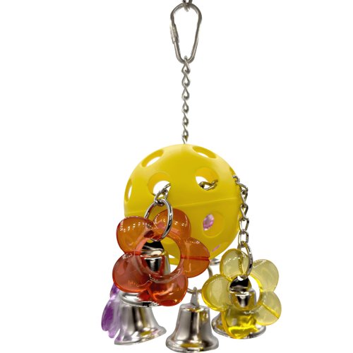1937 Flower Ringer - Interactive colorful pullable bird cage toy, Colorful plastic ball body, Beautiful translucent acrylic flowers, Noisy metal bells, Great fun for Medium Size pet birds, Made in USA