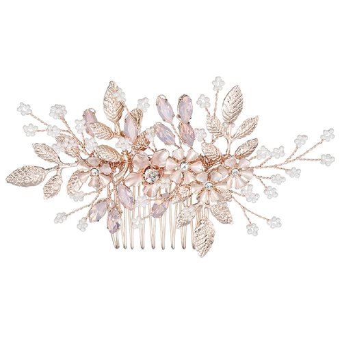 HapiBuy Wedding Hair Comb Rose Gold Crystal Simulated Pearl Bridal Hair Comb For Bride and Bridesmaid