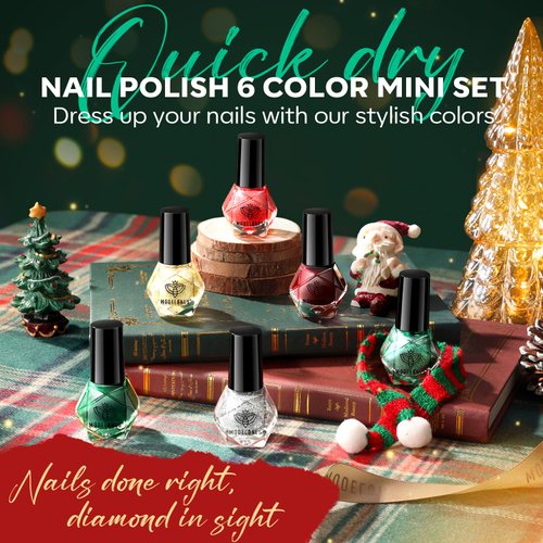 Modelones Christmas Nail Polish Set 6 Colors Red Green Glitter Mini Nail polish Set Gold Silver Nail Polish Kit Quick Dry Nail Polish Manicure Nail Art Manicure DIY Home Salon Gift for Women Mom