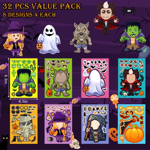 Aowplc 32 Sheets Halloween Stickers for Kids Make a Face Halloween Characters Stickers Halloween Kids Party Favors Crafts Game Activities Supplies