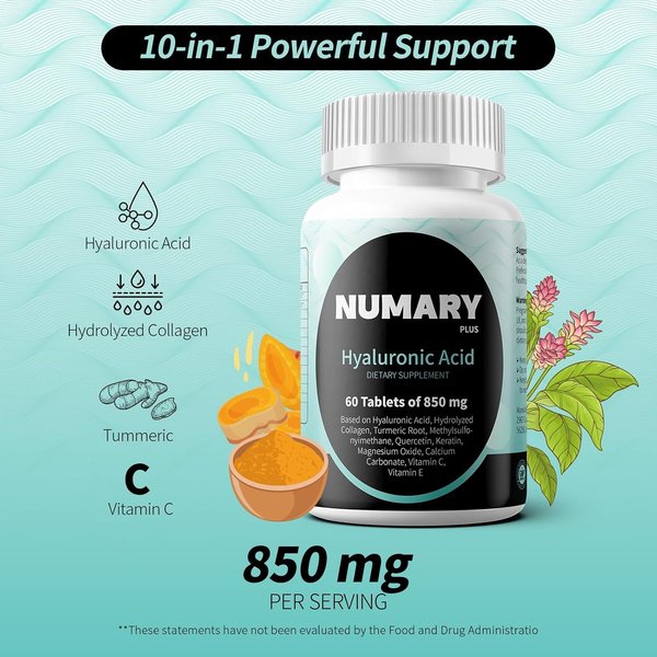 SILKMYST 850mg Hyaluronic Acid with Hydrolyzed Collagen, Turmeric, MSM, Vitamin C, 60 Tablets, 2 Month Supply