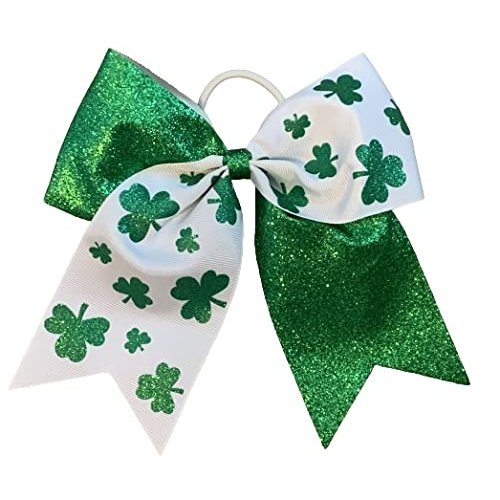 NEW "GLITTER Shamrocks" Cheer Hair Bow Pony Tail 7 Inch Girls Cheerleading Practice Games School Uniform Hairbow St. Patty's Day Green Shamrocks Irish Grosgrain Ribbon