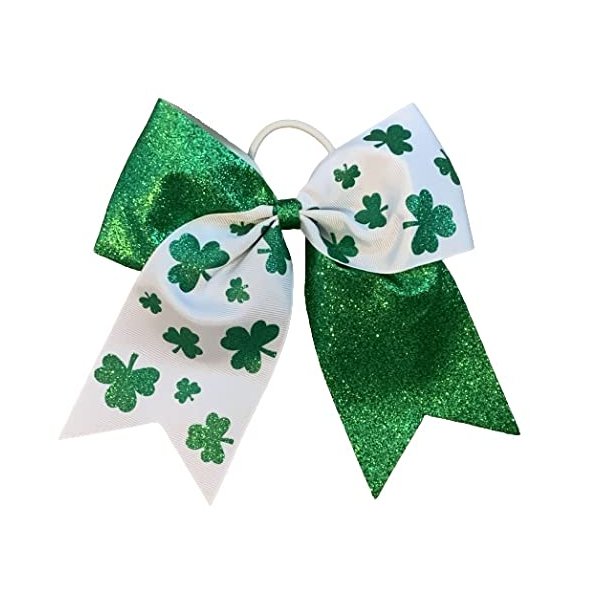 NEW "GLITTER Shamrocks" Cheer Hair Bow Pony Tail 7 Inch Girls Cheerleading Practice Games School Uniform Hairbow St. Patty's Day Green Shamrocks Irish Grosgrain Ribbon