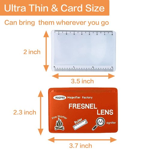 MagDepo 6 Pack Credit Card Size Magnifier Ruler Fresnel Lens Fire Starter Compact Plastic Magnifying Lens Wallet Pocket Magnifier for Reading Small Print, Maps, and Books -Red