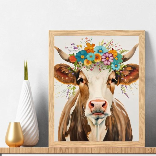 Natuyalo Paint by Numbers for Adults - DIY Adult Paint by Number Kits Painting on Canvas Cow and Flowers Painting by Numbers for Beginners, Animal Art Craft Kits for Adults (16x20 Inch)