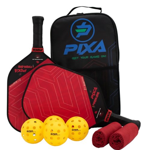 PIXA Fireblade 16mm Fiberglass/Grit Pickleball Paddle Set of 2, w/ 4 Balls and 2 Cooling Towels, Bag; with Grit/Spin!, 16mm, Beginner Racket/Intermediate Racquet, Great Gift!