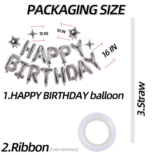 Silver Happy Birthday Banner Balloon Aluminum Foil 16 Inch Letter,10 Inch Five Pointed Star Four Pointed Star Suitable for Kids, Men, Women, Boys and Girls Party Decoration Supplies