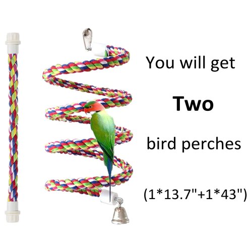 Pets vv Bird Rope Perch Parakeet Toys, Spiral Bird Toy for Cockatiels, 43"&13.7" Bird Bungee Rope Perches Suitable Bird Cage Accessories