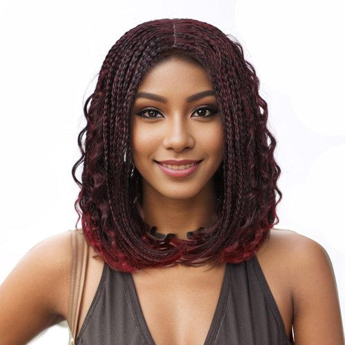 POSYTRESS Braided Bob Wigs for Black Women Box Braids Wig with Free Tress 14 Inch Curly Goddess Box Braids Wigs Synthetic Box Braids Hair Burgundy Color Fake Scalp Short Bob Red Wigs(14”) (#burg)
