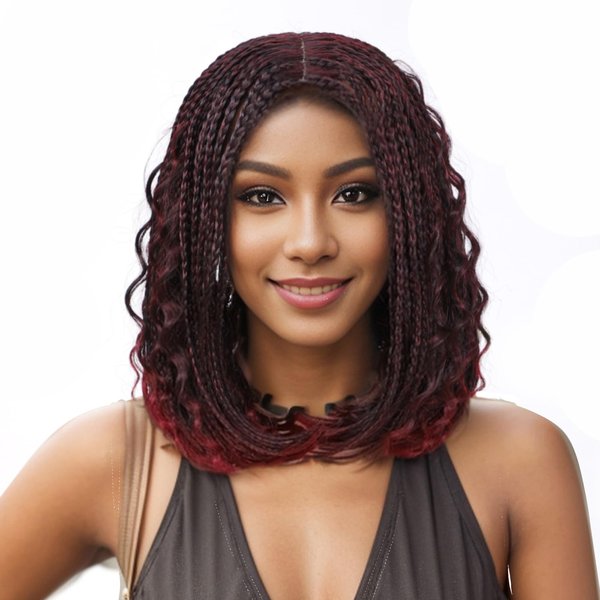 POSYTRESS Braided Bob Wigs for Black Women Box Braids Wig with Free Tress 14 Inch Curly Goddess Box Braids Wigs Synthetic Box Braids Hair Burgundy Color Fake Scalp Short Bob Red Wigs(14”) (#burg)