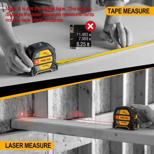 PREXISO 2-in-1 Laser Tape Measure - NOT DIGITAL TAPE - 135Ft Rechargeable Laser Measurement Tool & 16Ft Measuring Tape Movable Magnetic Hook - Pythagorean, Area, Volume, Ft/Ft+in/in/M Unit-NOT Digital