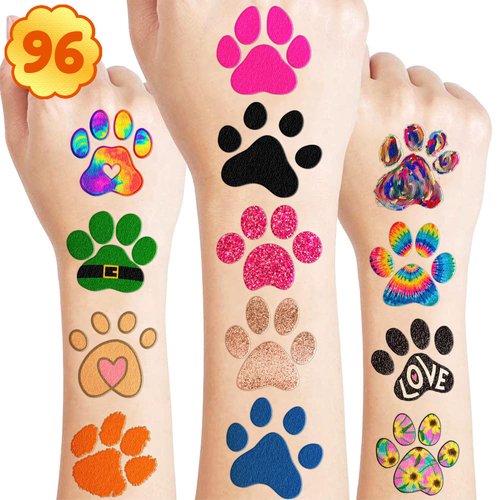 96 PCS Dog Cat Paw Print Puppy Temporary Tattoos Stickers Themed Birthday Party Decorations Supplies Decor Favors Let’s Pawty Pupply Pet Tattoo Sticker Gifts For Kids Boys Girls School Prizes Carnival