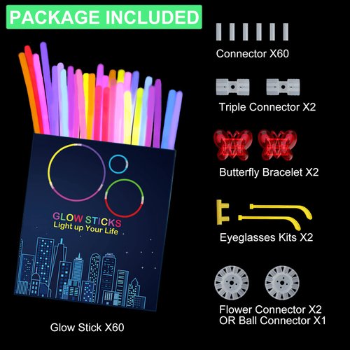 AIVANT Glow Sticks Bulk Party Supplies | 60 PCS 8 Inch Glowsticks with Connectors for Eyeglasses Balls Butterflies | Glow in the Dark Light Up Sticks Party Favors Decorations