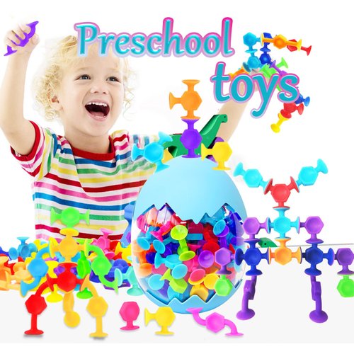 100pcs Suction Bath Toys for Baby Kids, Bath Toy Silicone Construction Building Blocks Montessori Sensory Toy for 3 4 5 6 7 8 Years Old Toddlers Boys Girls with Egg Storage…