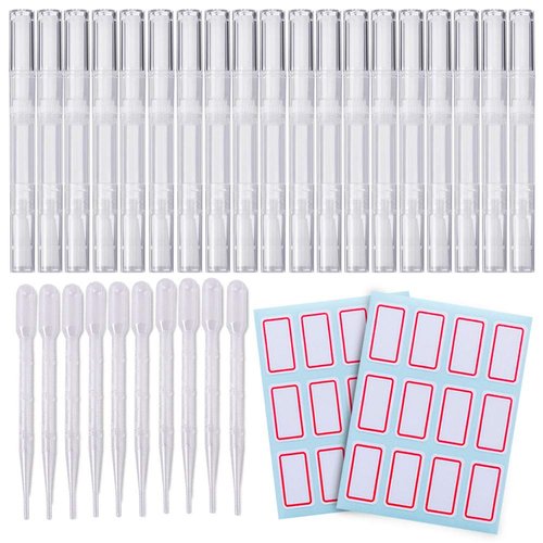 20 PCS Cuticle Oil Pens Transparent Twist Pens Cosmetic Container Empty Cuticle Nail Oil Pen With Brush Tip Lip Gloss Twist Pens Refillable Eyelash Growth Liquid Tube 10 Transfer Pipettes 2 Stickers