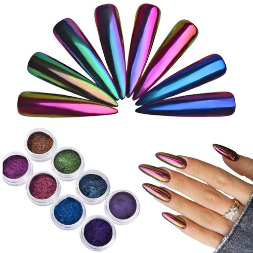 8Pcs Chameleon Chrome Nail Powder,Chrome Powder for Gel Nails Nail Chrome Powder Mirror Effect Holographic Aurora Iridescent Pearlescent Manicure(8 colors)