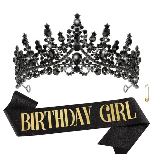 Chanaco Hairband - Crown Tiara for Women, Black Crystal Birthday Girl Sash, Adjustable Birthday Tiara with Glitter Lettering, Happy Birthday Party Decorations, Perfect Photo Props, 1 Count