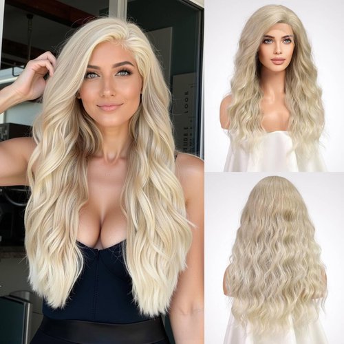Getshow White Blonde Wigs for Women Long Curly Layered Lace Wig Hair Side Part